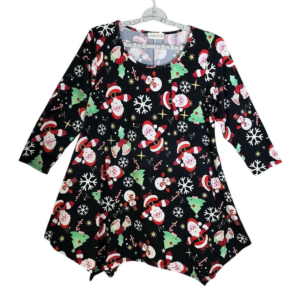 Larace Christmas Tunic Top Handkerchief Hem  3/4 Sleeve Round Neck Holiday Med - Picture 16 of 16